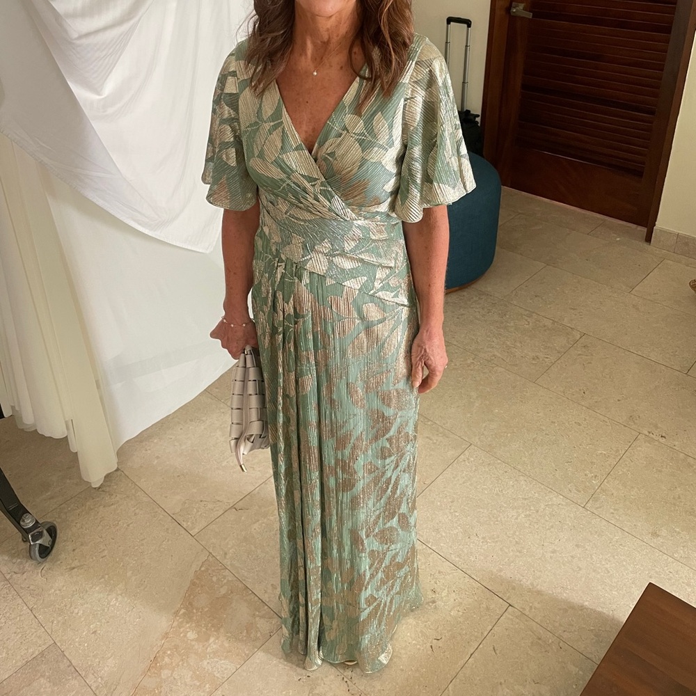 Adrianna Papell Mint Green and Gold Floral Metallic Maxi Dress - Picture 1 of 9
